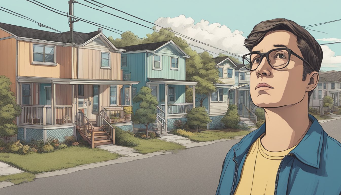 A person standing in front of a split image of a pristine suburban neighborhood on one side and a run-down trailer park on the other, with a look of confusion and inner turmoil on their face