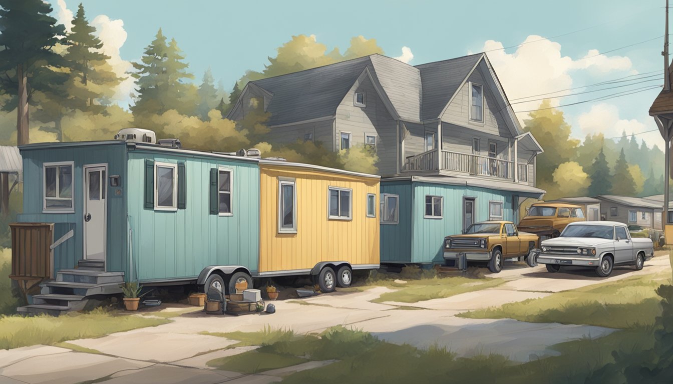 A double wide trailer surrounded by a mix of rundown and well-kept homes, with a variety of vehicles parked outside