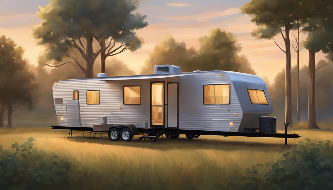 A double wide trailer sits in a rural setting, surrounded by trees and a peaceful atmosphere. A cozy interior features comfortable furnishings and warm lighting, creating a sense of safety and comfort