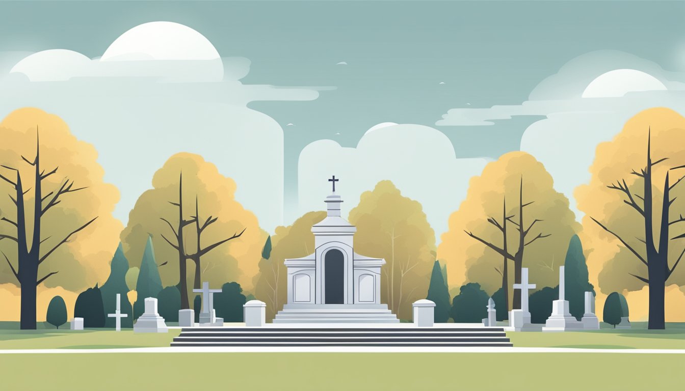 A serene cemetery with headstones and a peaceful mausoleum surrounded by trees, or a tranquil crematorium with a modern and minimalist design