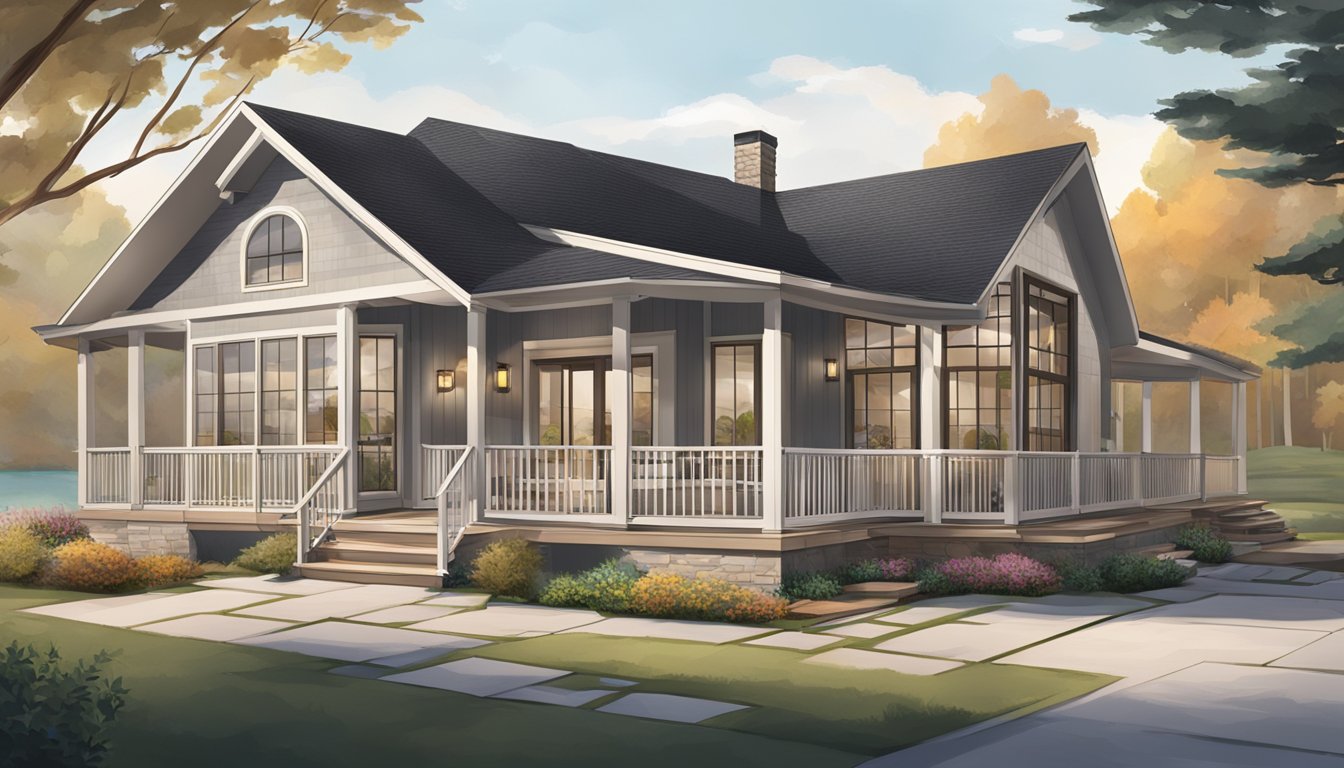 A double wide exterior with a mix of modern and traditional materials, featuring a spacious front porch and large windows overlooking a scenic landscape