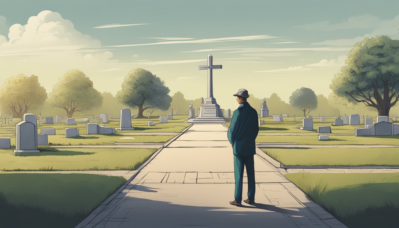 A person standing at a crossroads, with a path leading to a cemetery on one side and a path leading to a crematorium on the other. The person is deep in thought, contemplating their decision