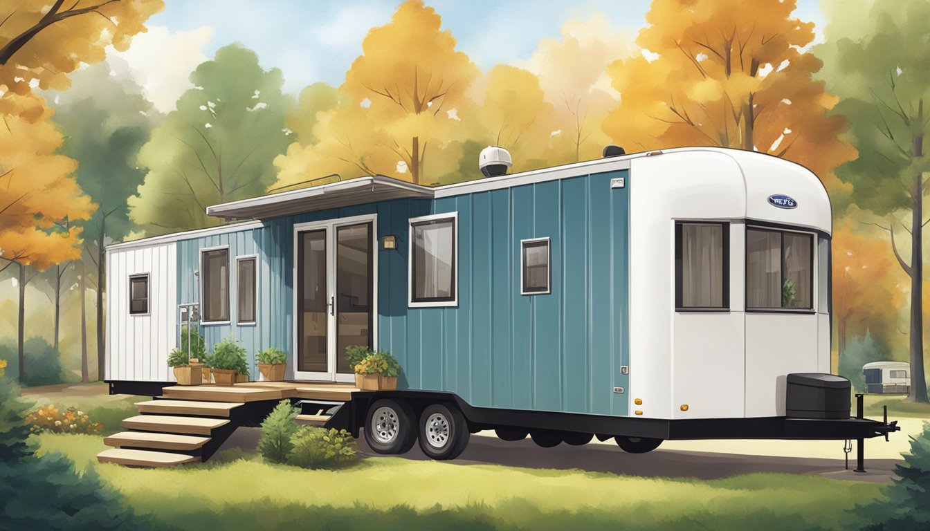 A double wide trailer nestled among trees, with separate entrances and private outdoor spaces for each generation