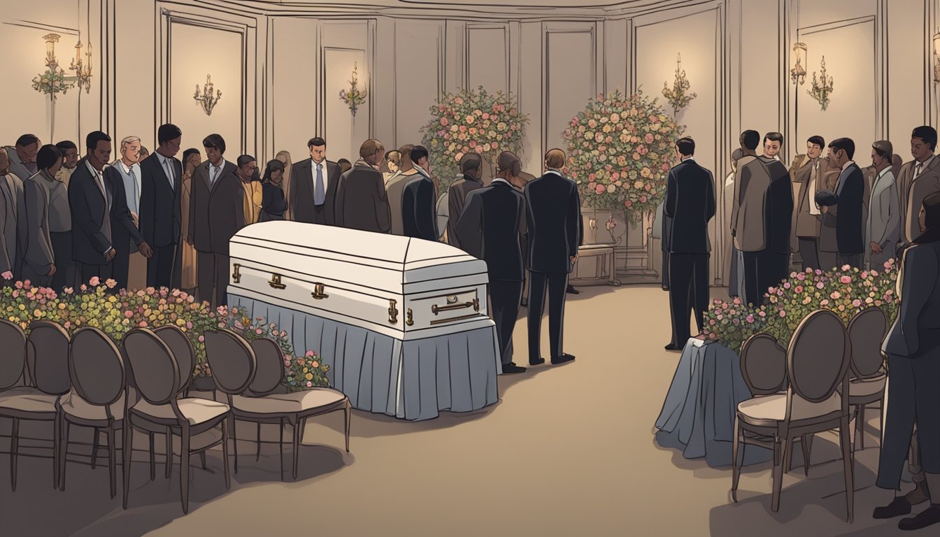 A dimly lit room with flowers, chairs, and a casket in the center. People gather around, some crying, some consoling each other