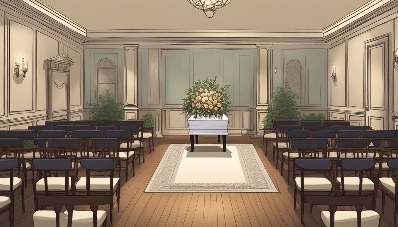 A dimly lit room with a casket at the center, surrounded by chairs and floral arrangements. A table holds a guest book and memorial photos