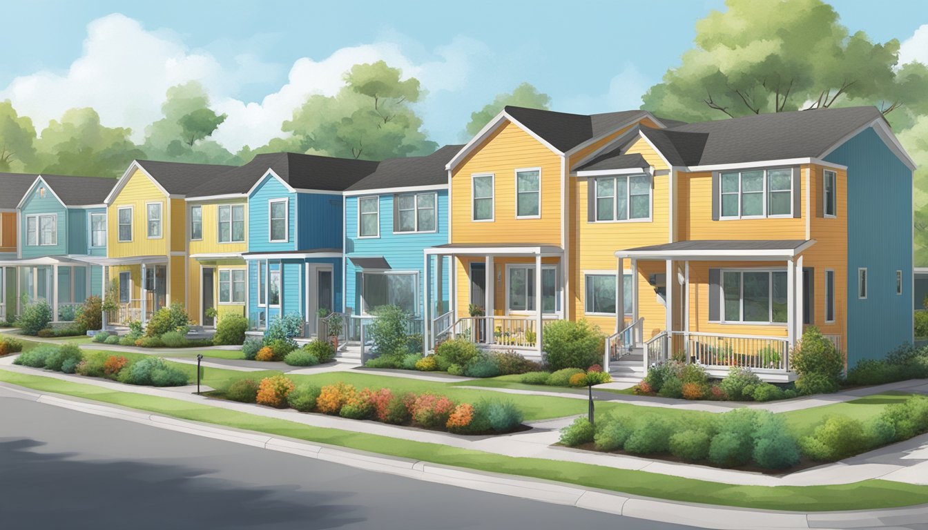 A row of double wide homes with colorful exteriors, surrounded by lush greenery and well-maintained parking spaces