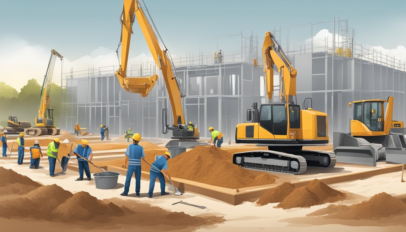 A construction site with workers laying the groundwork for a double wide foundation. Various types of foundation materials and equipment are visible