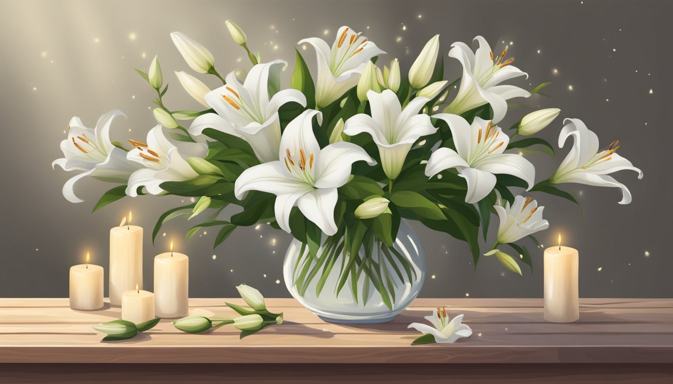 A solitary bouquet of white lilies and roses sits on a wooden table, surrounded by flickering candles and scattered petals