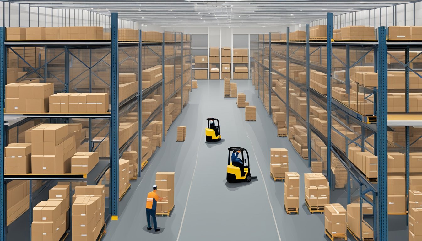 A spacious warehouse with rows of double wide storage units neatly organized and labeled, with forklifts and workers efficiently moving inventory