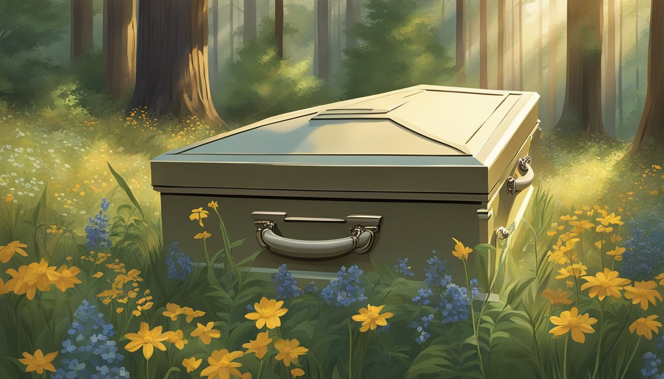 A serene forest clearing with a simple, biodegradable casket surrounded by native wildflowers and tall trees. Sunlight filters through the leaves, casting a peaceful glow over the scene