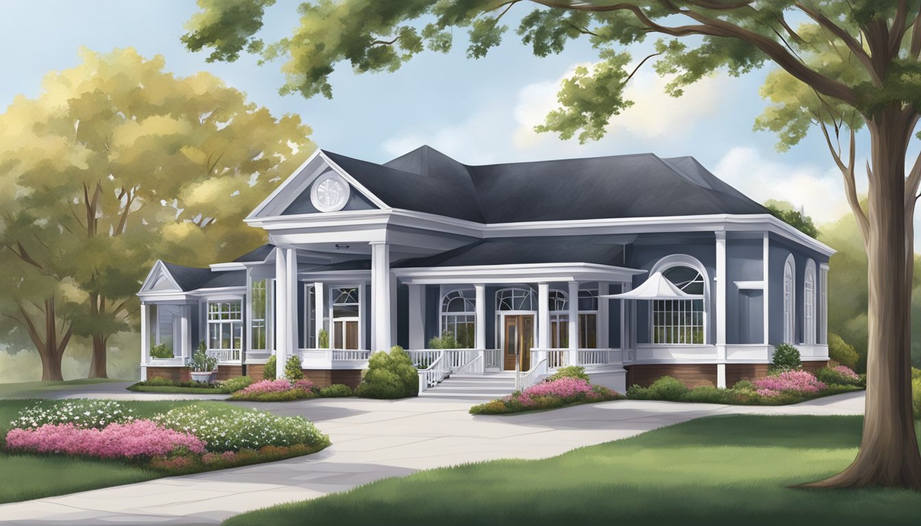 A funeral home exterior with a welcoming entrance, well-maintained landscaping, and a peaceful atmosphere