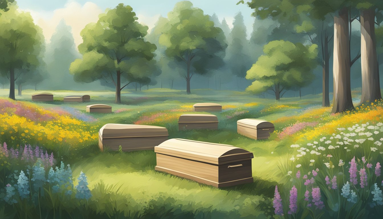 A serene natural setting with biodegradable caskets, surrounded by trees and wildflowers, with no signs of modern infrastructure