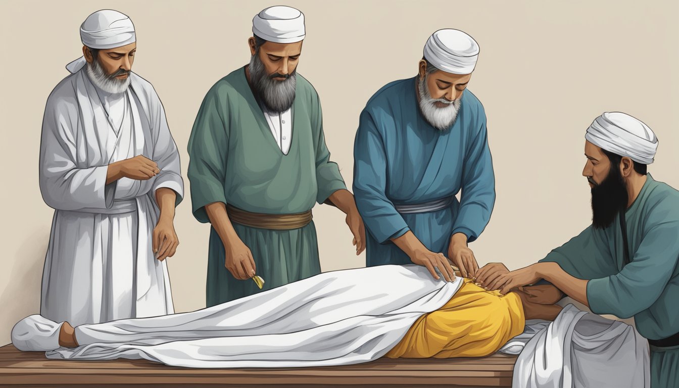 A group of people carefully preparing and dressing a deceased person according to their cultural and religious traditions