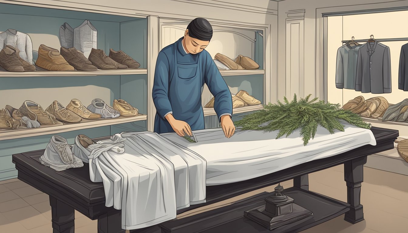 A mortuary worker carefully arranges traditional clothing and objects on a table, preparing to dress the deceased according to cultural customs