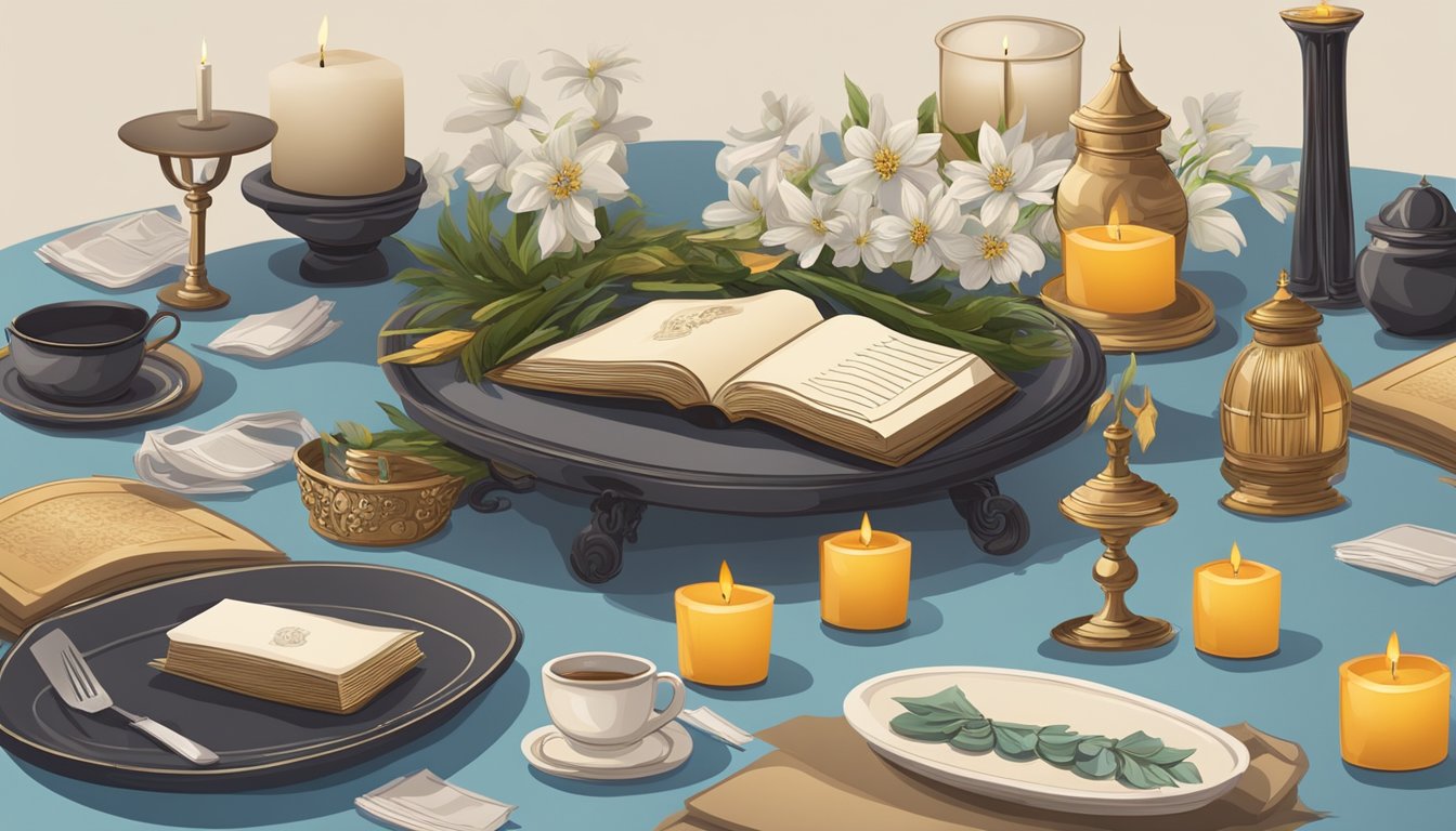 A table adorned with traditional items for dressing the deceased, surrounded by symbols of mourning and memorialization