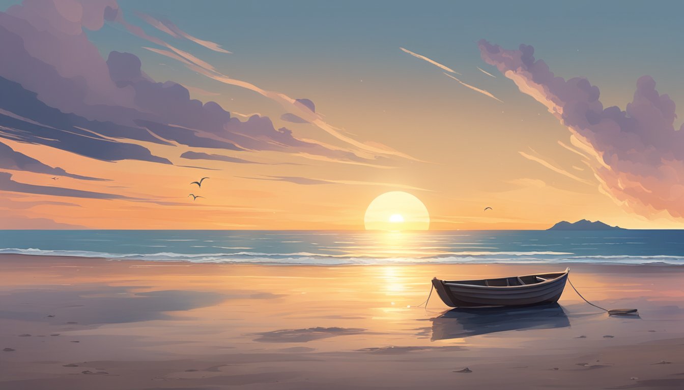 A serene beach at sunset, with a small boat on the water and a scattering of ashes into the gentle waves