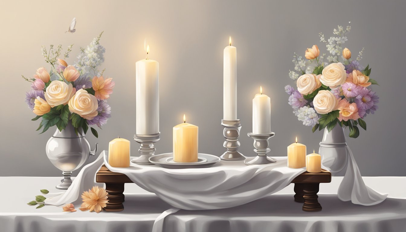 A small table with a white cloth draped over it, adorned with flowers and candles. A pair of small shoes placed neatly underneath