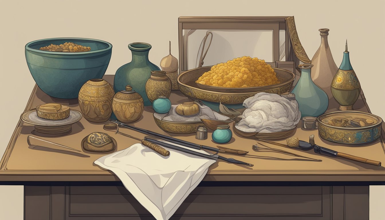 A table with various cultural objects and tools for dressing the deceased