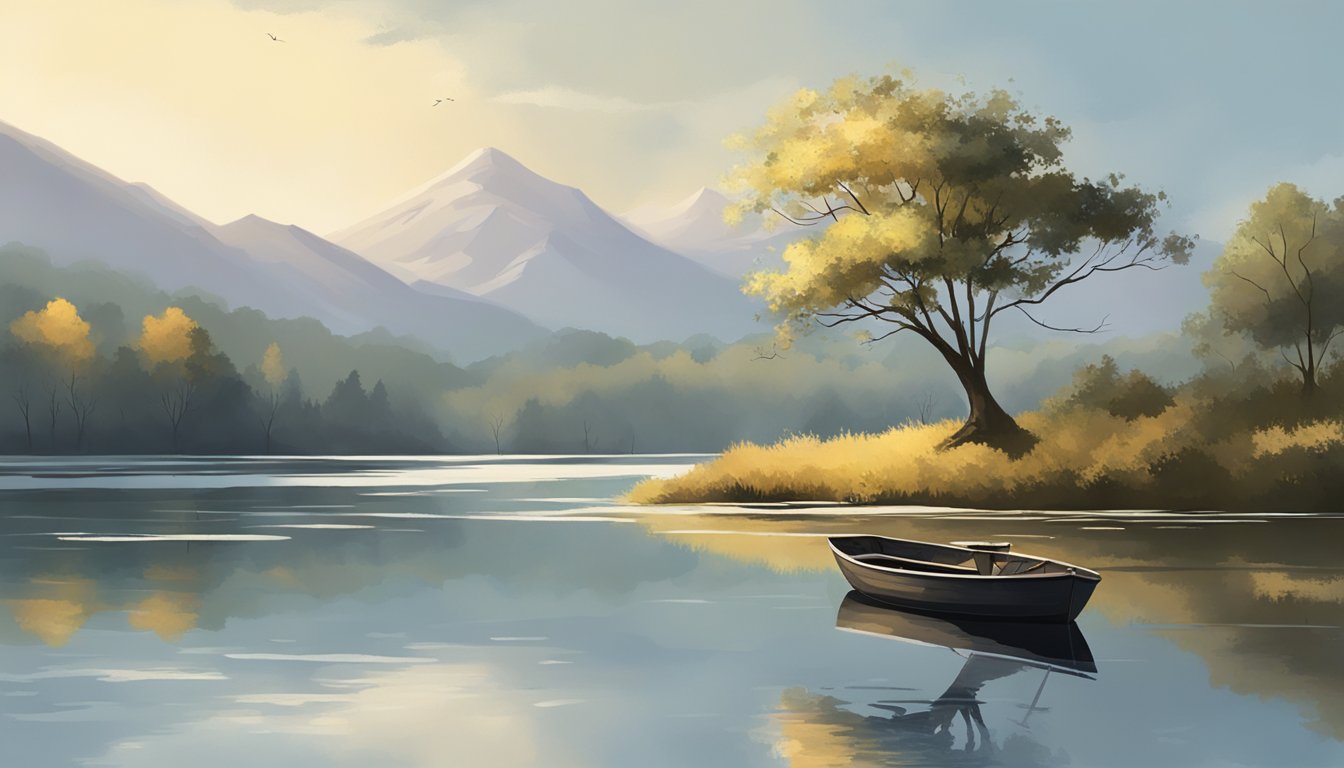 A serene lakeside with a lone tree, its branches stretching out over the water. A small boat floats nearby, scattering ashes into the calm, reflective surface