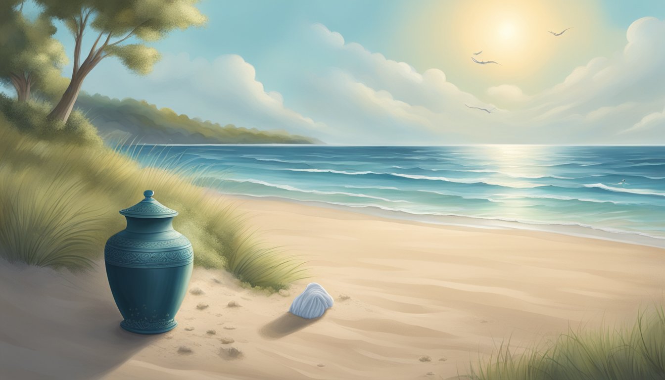 A serene beach with a gentle breeze, where a person scatters ashes into the ocean from a biodegradable urn