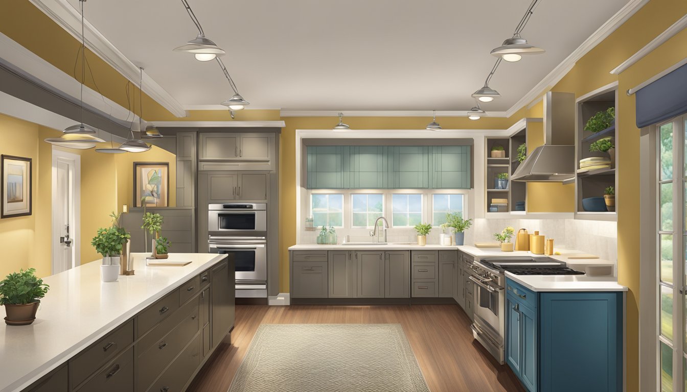 A double wide interior with various lighting options for specific rooms, including pendant lights, track lighting, and recessed lighting