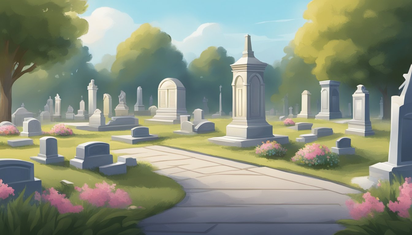 A serene cemetery with a tranquil atmosphere, a funeral director discussing payment options with a grieving family, and financial tools being used to plan for prepaid funeral arrangements