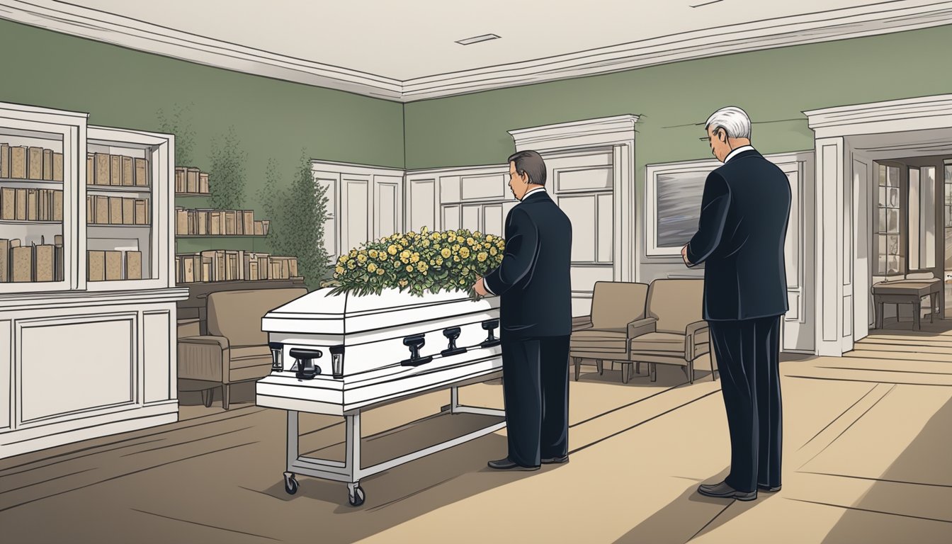 A somber figure selects funeral products and services from a brochure, while a funeral director explains prepaid arrangements