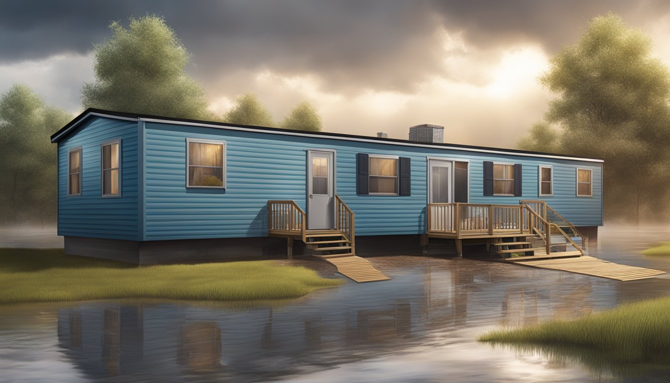 A double wide mobile home surrounded by extreme weather conditions, including flooding, drought, and severe storms