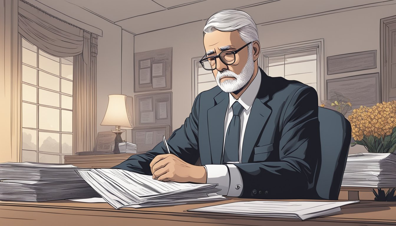 A somber funeral director sits at a desk, surrounded by paperwork and legal documents, as they carefully review and process prepaid funeral arrangements for a bereaved family