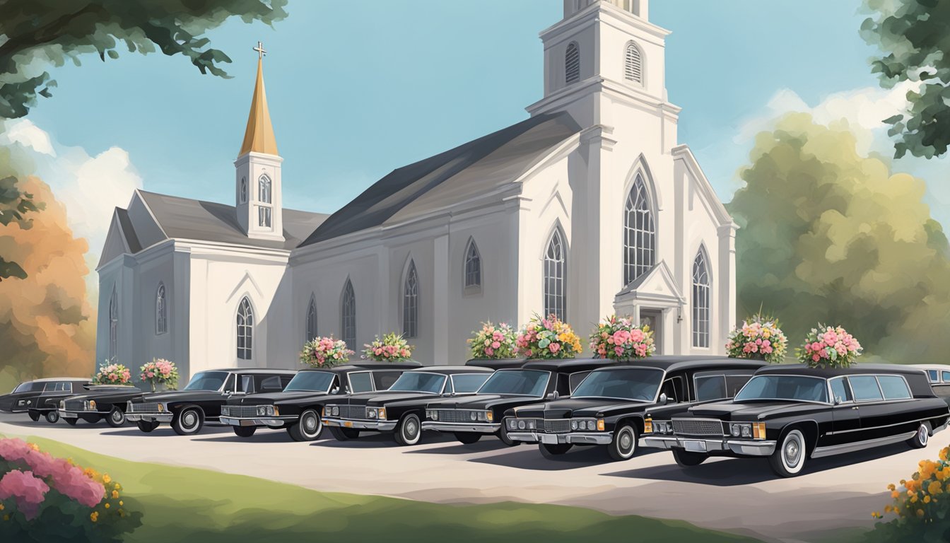 A line of hearses and funeral cars parked outside a chapel, surrounded by mourners and floral arrangements