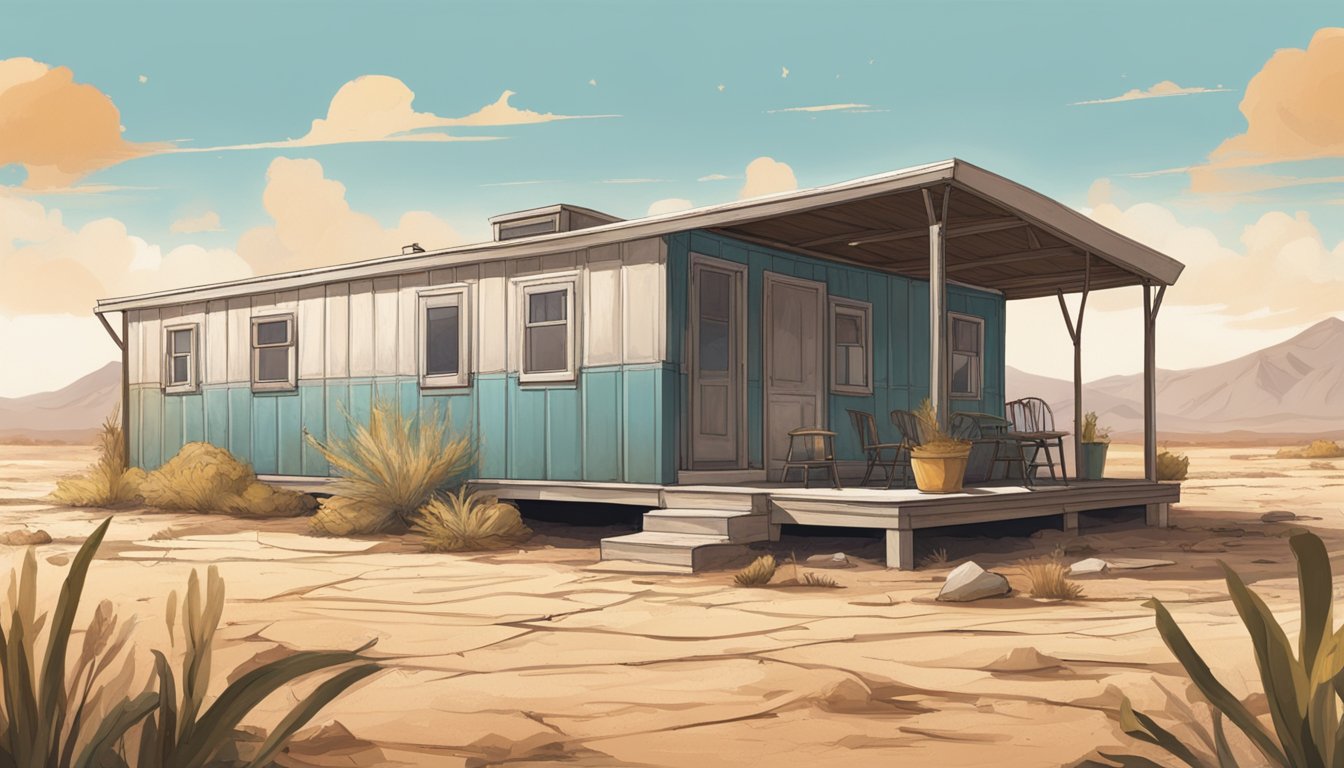 A double wide mobile home sits in a dry, dusty landscape under a scorching sun, with cracked earth and wilting plants surrounding it