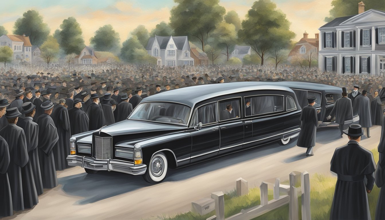 A hearse and a car drive in procession towards a burial or crematory, surrounded by mourners