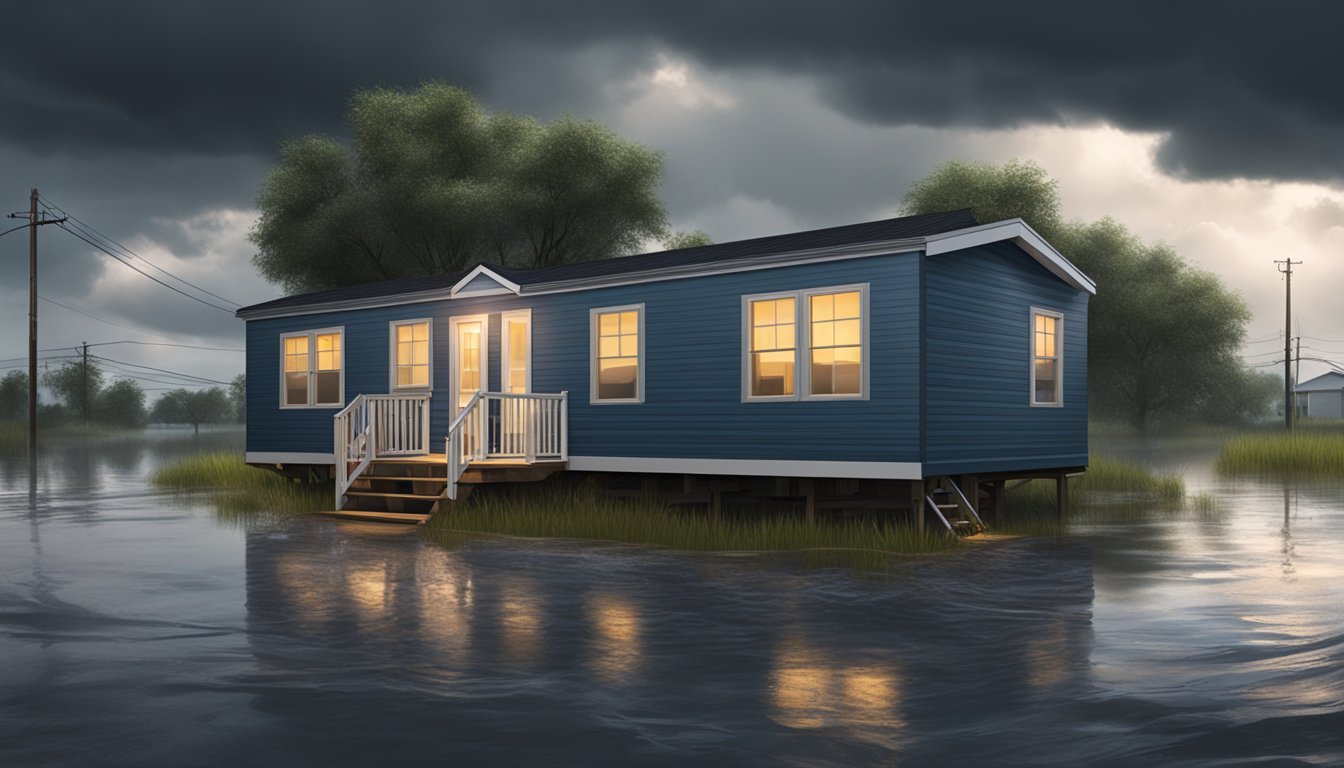 A double wide mobile home sits surrounded by flooded streets, with dark storm clouds looming overhead. The water level rises, threatening the stability of the structure