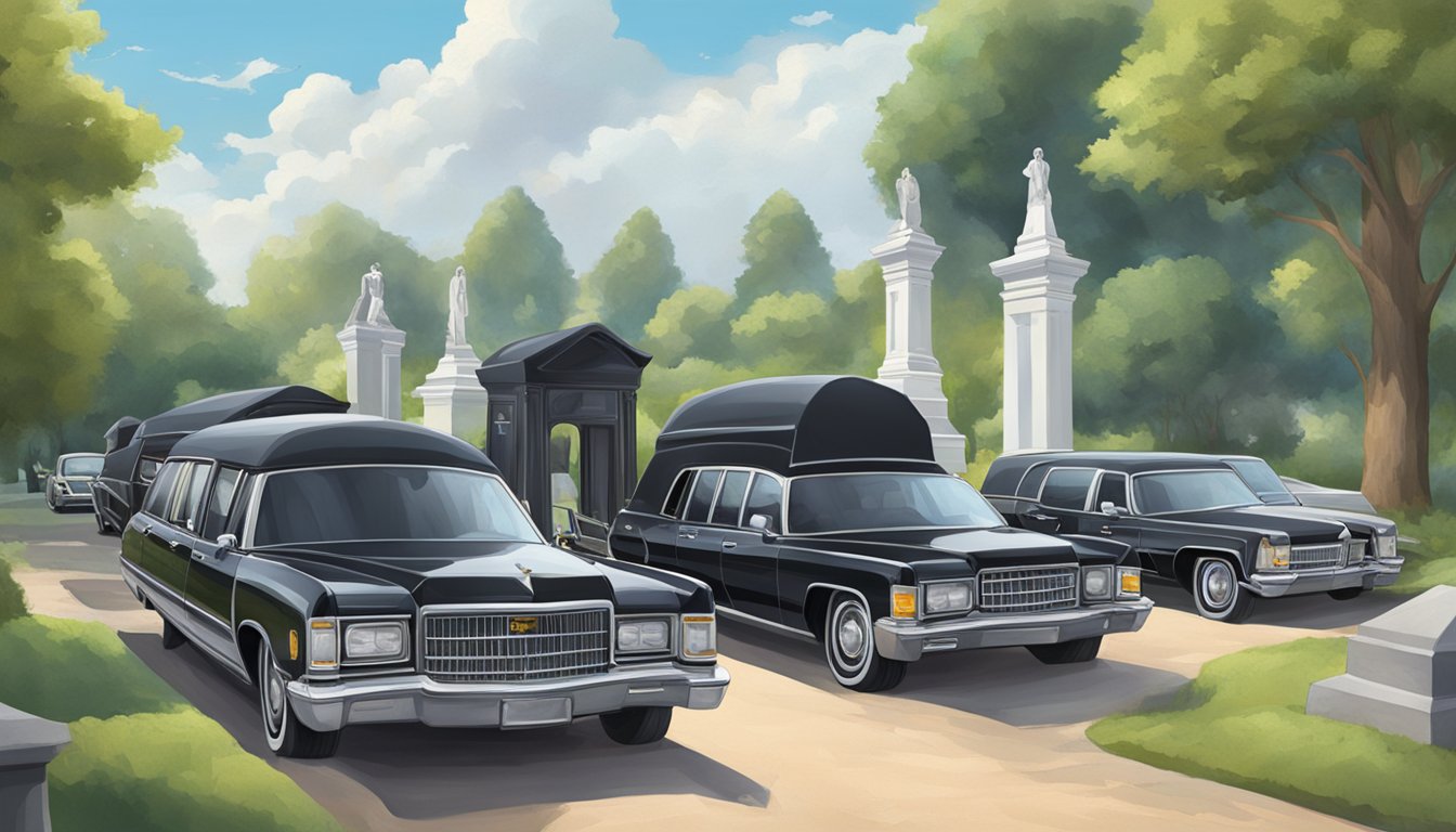 A hearse and mourners' vehicles line up at a cemetery entrance, surrounded by peaceful greenery and solemn atmosphere