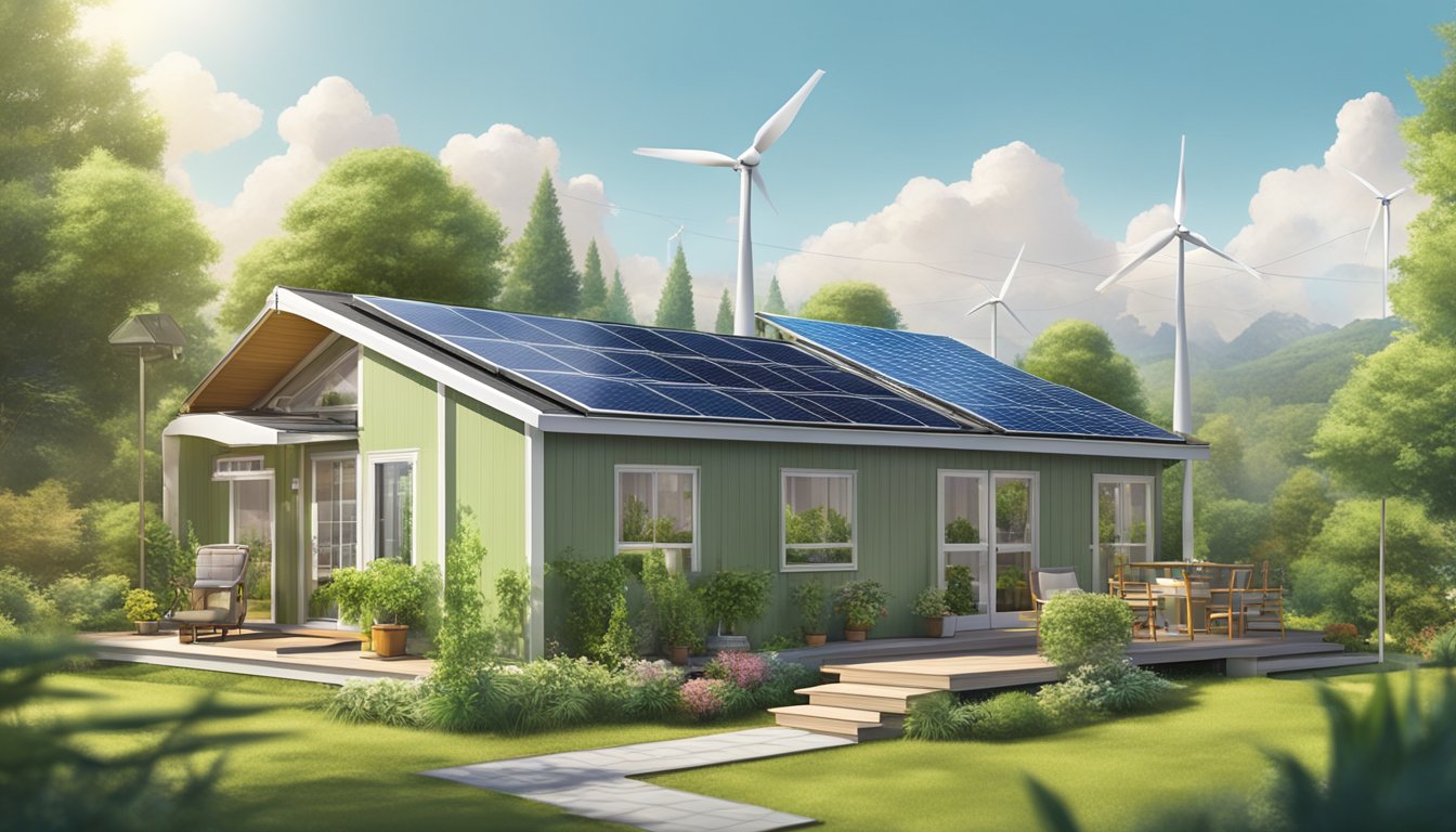 A double wide mobile home surrounded by lush greenery, with solar panels on the roof and a small wind turbine nearby