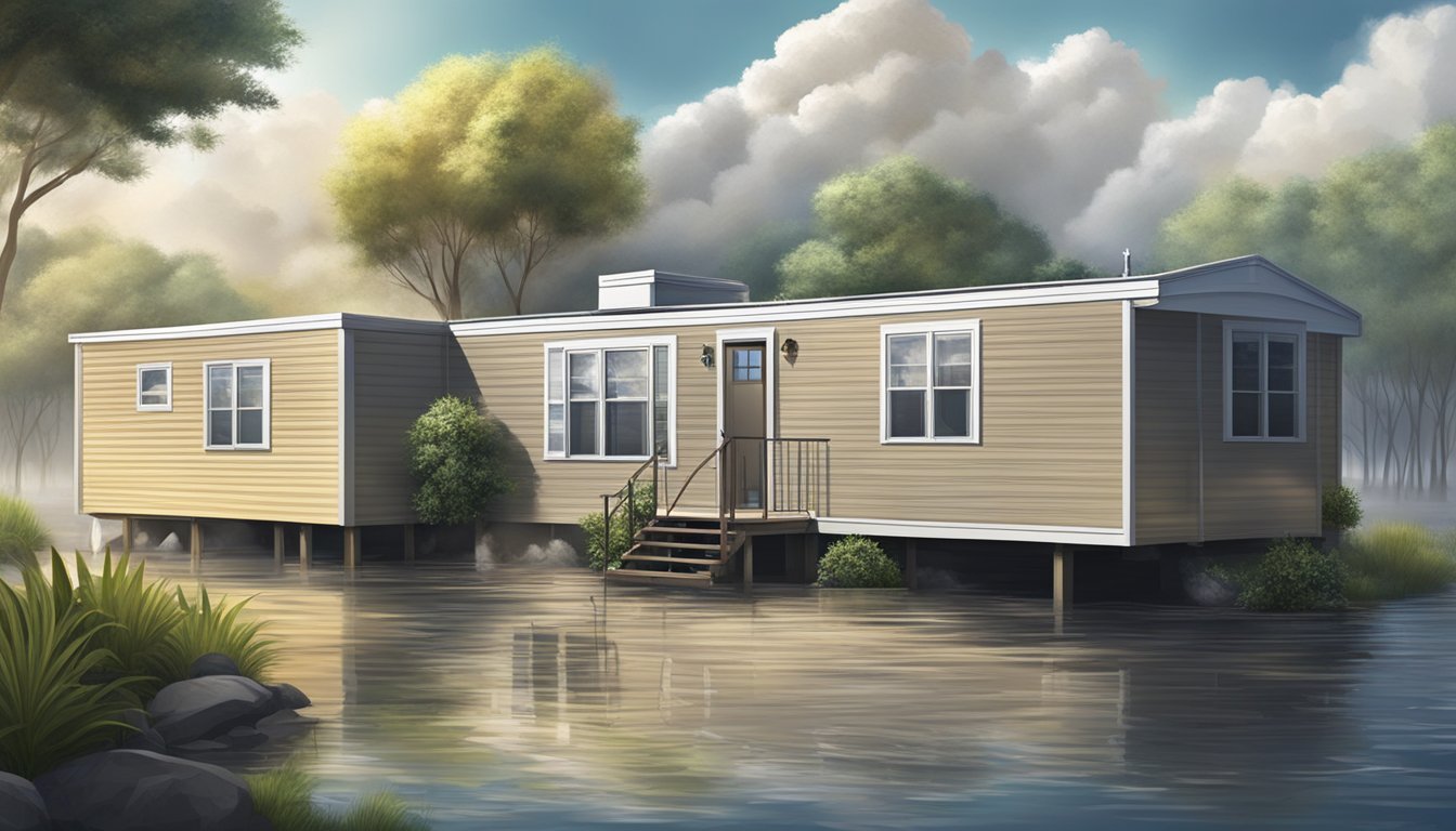 A double wide mobile home surrounded by extreme weather conditions, such as flooding, hurricanes, or wildfires, with global climate-related images in the background