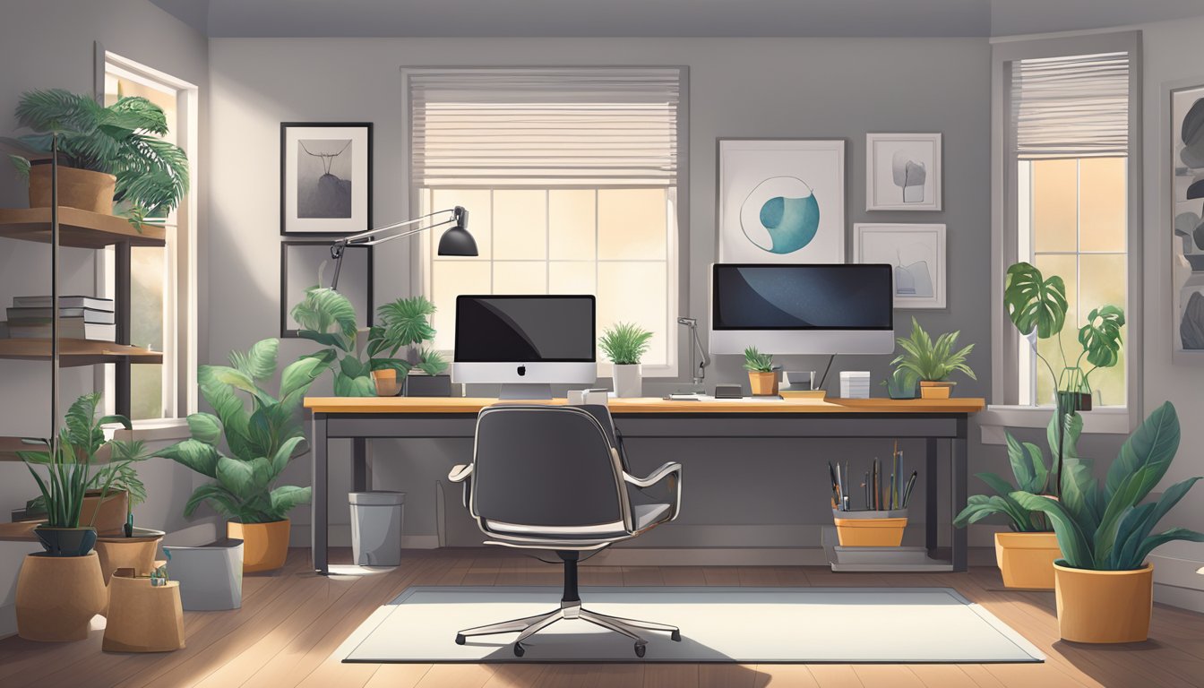 A spacious home office with a large desk, ergonomic chair, dual monitors, keyboard, mouse, desk lamp, and potted plant