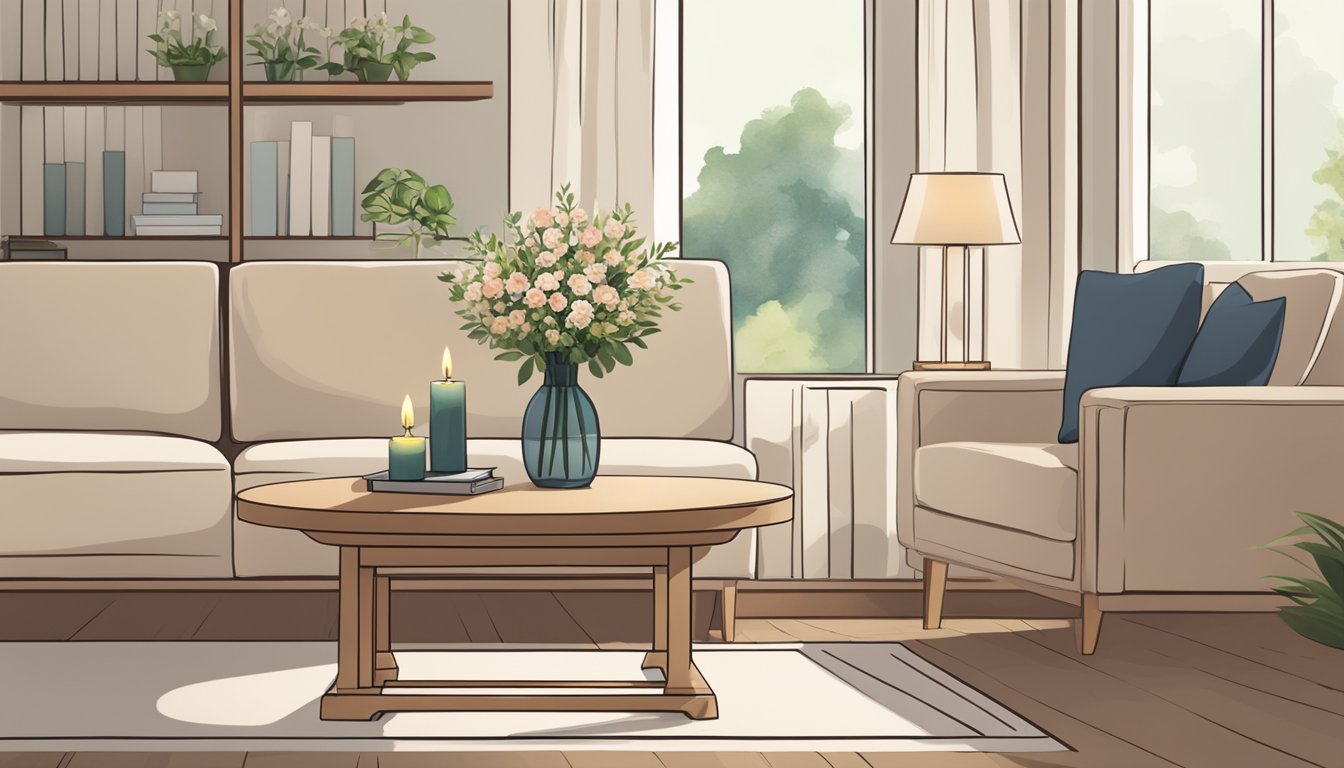 A serene living room with a peaceful atmosphere. A simple wooden table holds a vase of flowers and a candle, creating a calm and respectful space for home funeral preparations