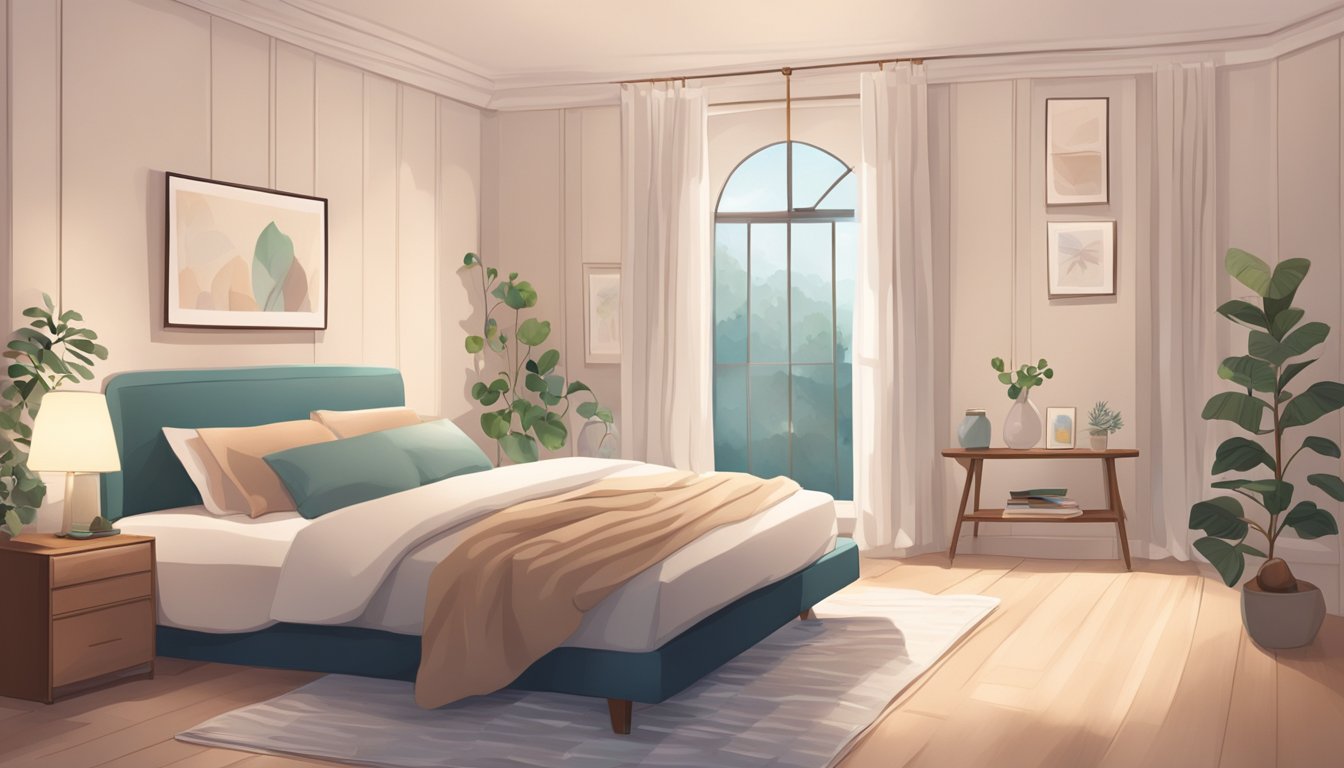 A peaceful room with soft lighting, a comfortable bed, and gentle, natural decor. A small table holds personal mementos and a vase of fresh flowers