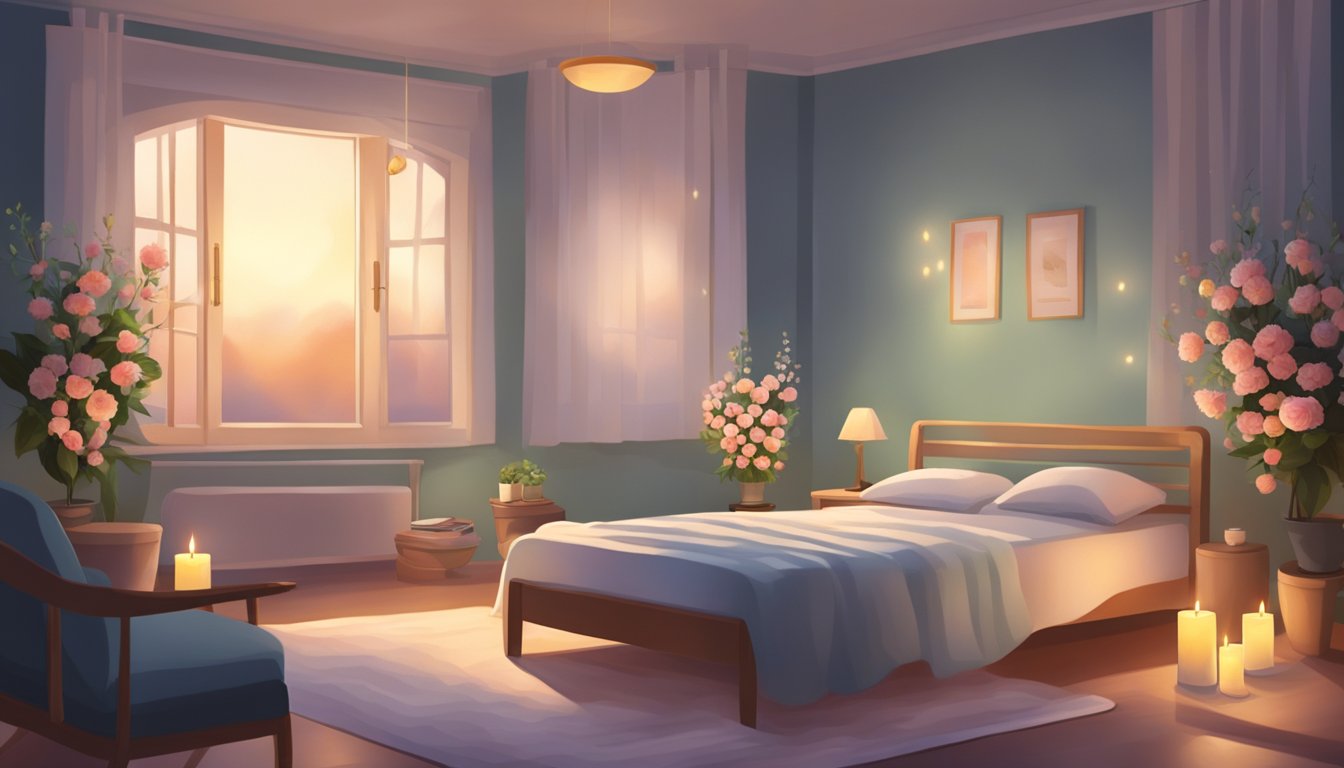 A serene room with soft lighting, a peaceful atmosphere, and a bed adorned with flowers and candles, creating a comforting space for after-death care at home