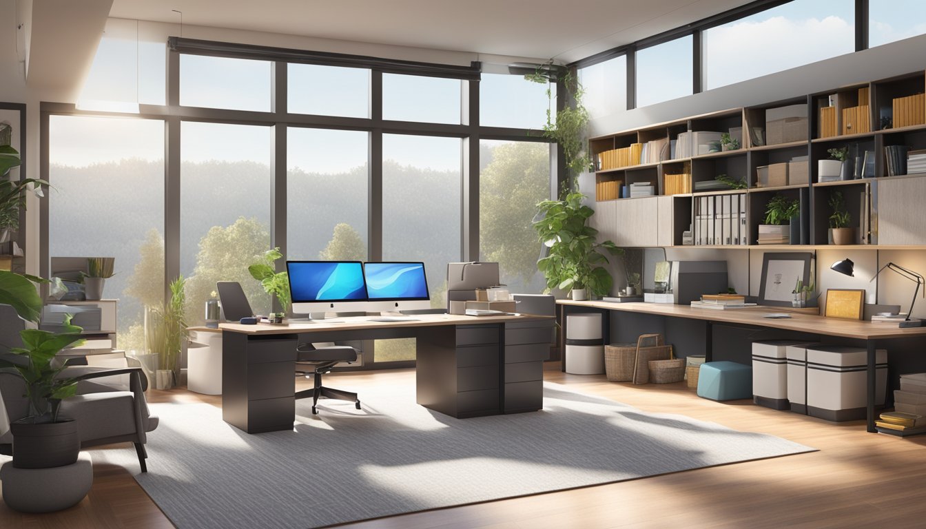 A spacious double wide home office with sleek storage and organization systems, a large desk with a computer and supplies, and natural light streaming in through the windows