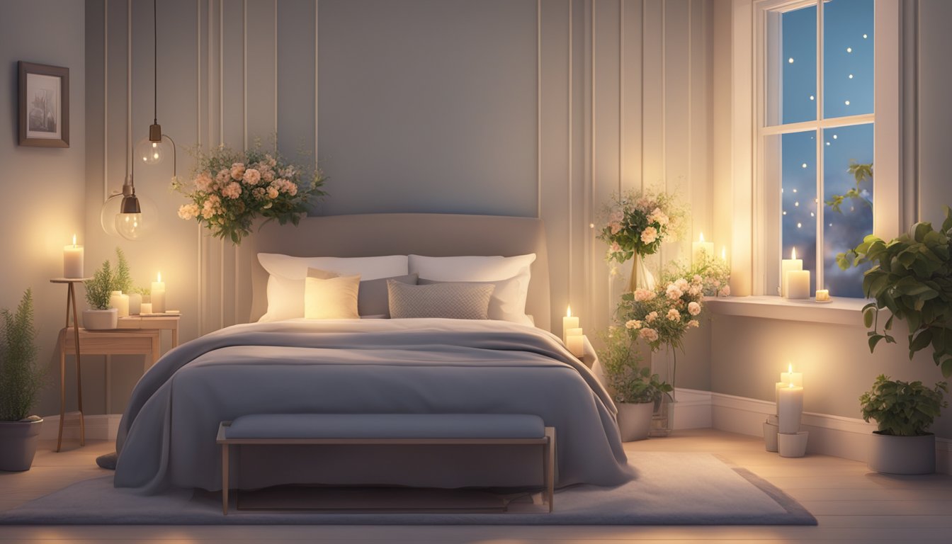 A serene bedroom with soft lighting, a peaceful atmosphere, and a small table adorned with candles and flowers, creating a comforting space for a home funeral