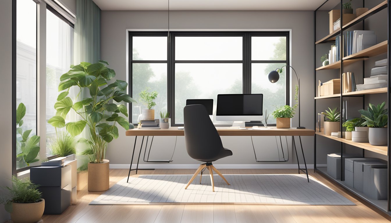 A spacious double-wide home office with modern furniture, large windows, and minimalist decor. A sleek desk is equipped with a computer, while shelves display plants and books