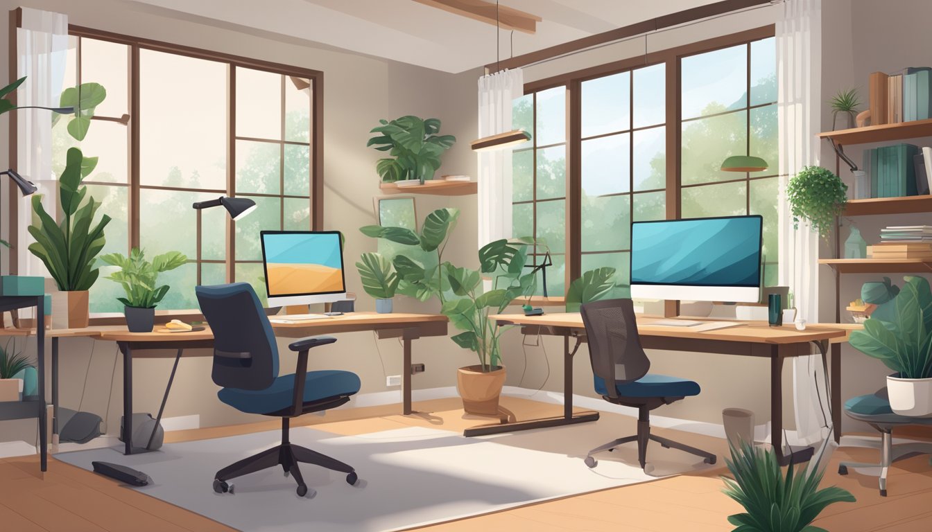 A spacious double-wide home office with a desk, computer, ergonomic chair, plants, natural lighting, and exercise equipment for a healthy and productive work environment