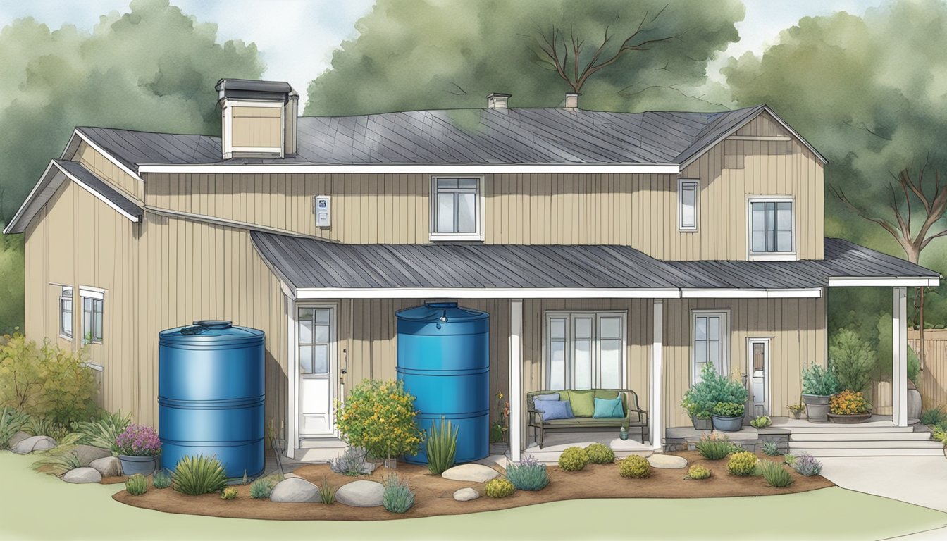 A double wide home with rain barrels, low-flow fixtures, and drought-resistant landscaping