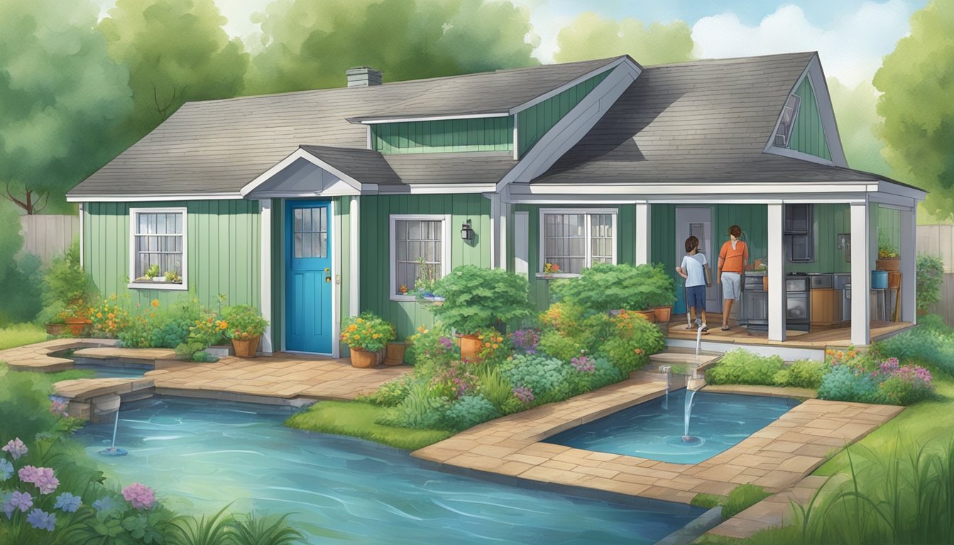 A double wide home with a lush green garden, rain barrels collecting water, and a family using low-flow fixtures and appliances