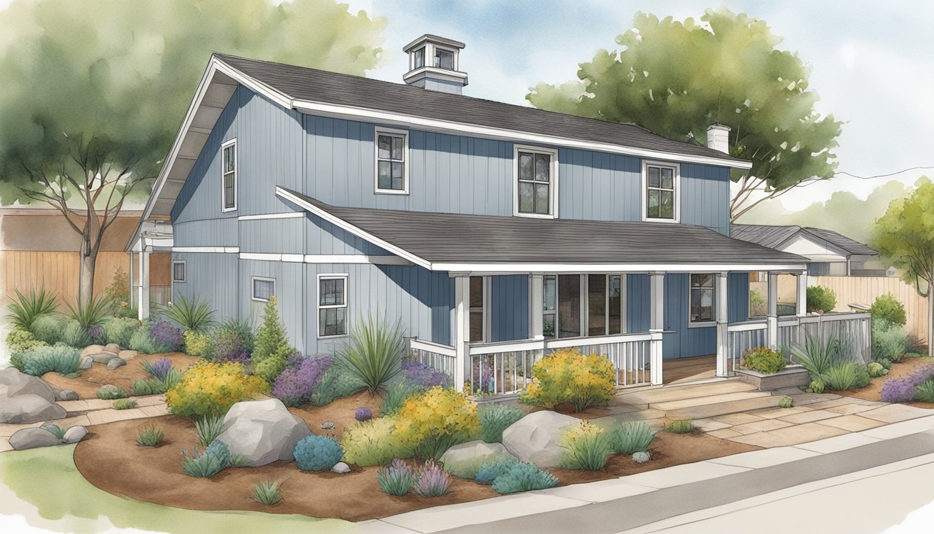 A double wide home with rain barrels, low-flow fixtures, and drought-resistant landscaping