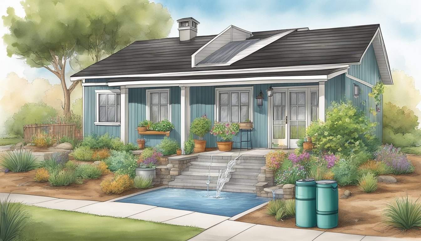 A double wide home with a rain barrel collecting water, low-flow faucets, and drought-resistant landscaping