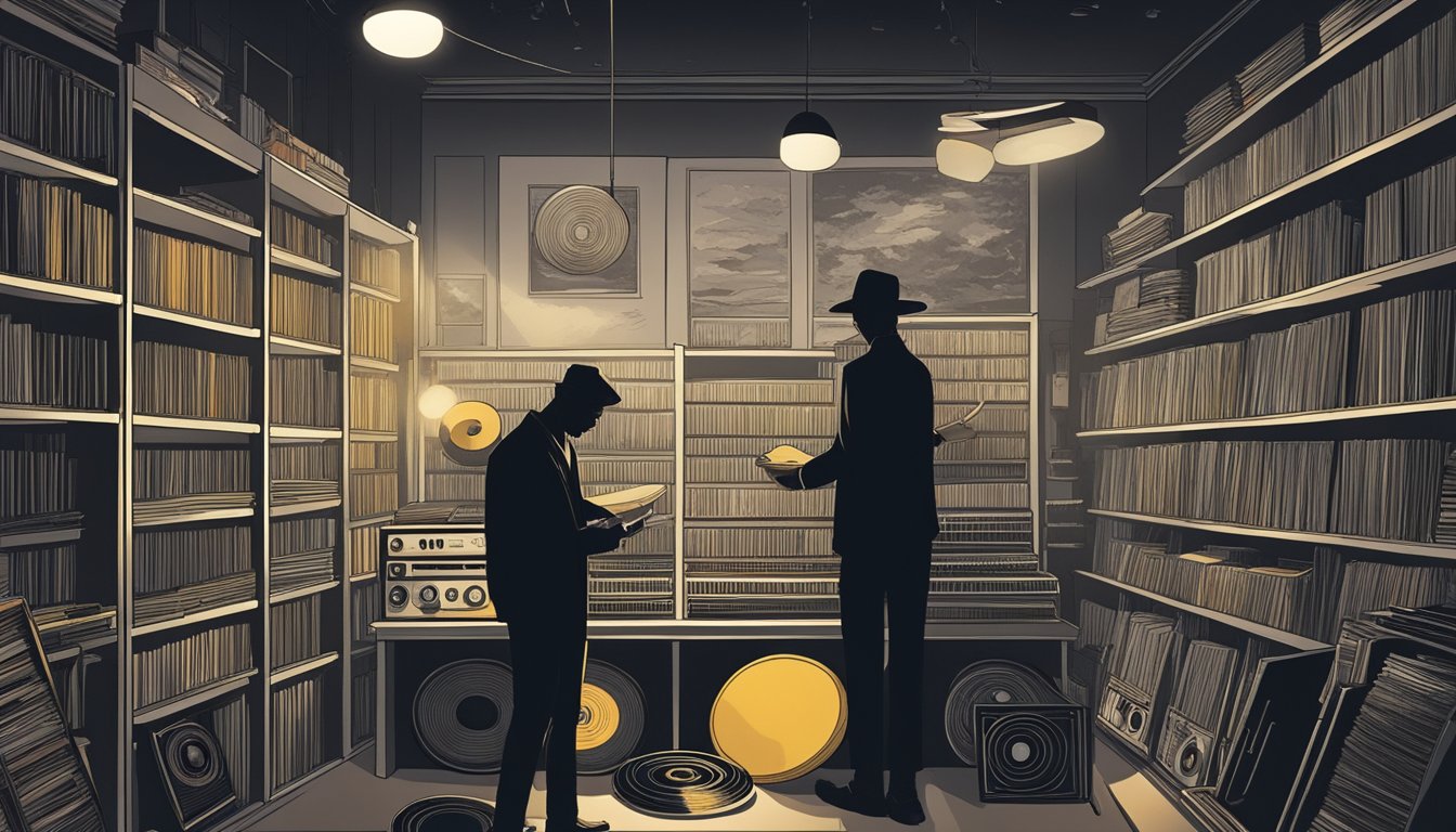 A somber figure selects vinyl records from a shelf, surrounded by dim lighting and solemn decor