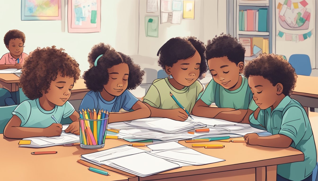 A group of children sit around a table, drawing and sharing ideas for a memorial service. A stack of colorful construction paper, markers, and stickers are spread out in front of them